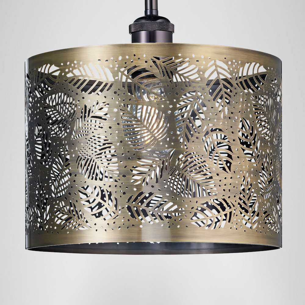 Happy Homewares Antique Brass Metal Pendant Shade with Fern Leaf Decoration Image 7