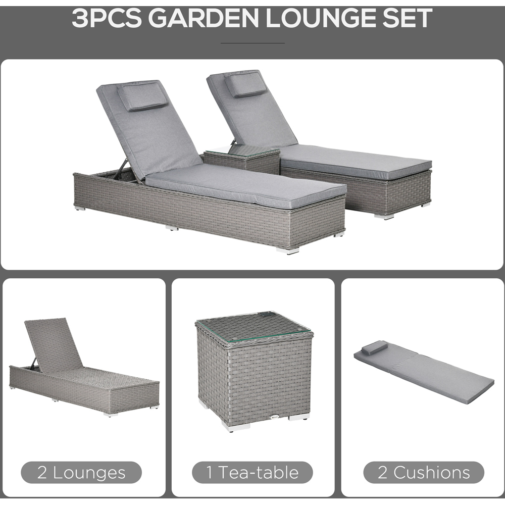 Outsunny 2 Seater Grey Rattan Recliner Sun Lounger Set Image 5