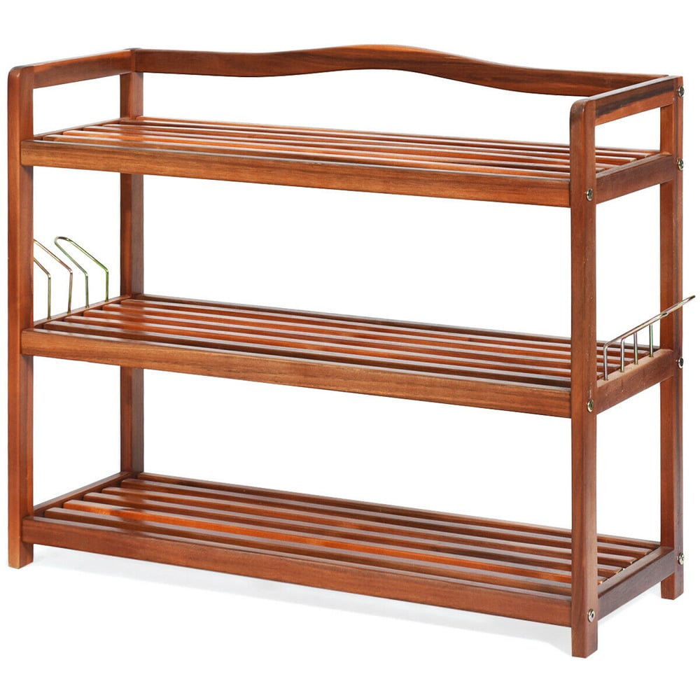 Costway 3 Shelf Solid Acacia Wood Shoe Rack with Side Metal Hooks Image 4
