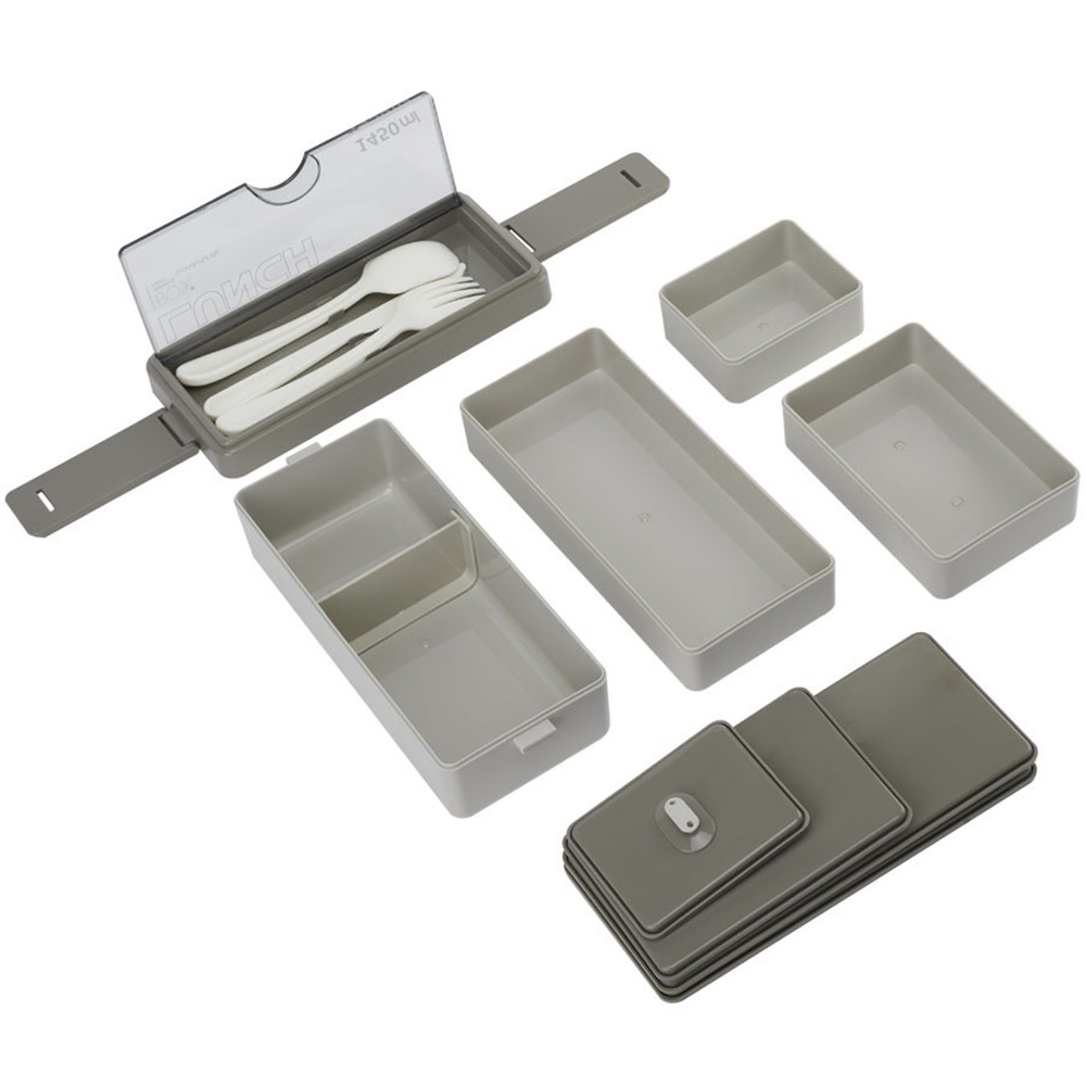Living and Home Grey 3 Layer Plastic Bento Lunch Box with Cutlery Image 4