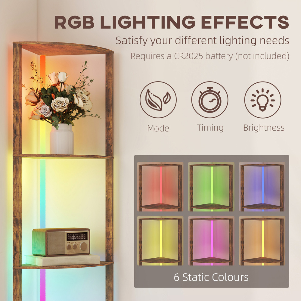 HOMCOM 5 Shelf Rustic Brown Dimmable RGB LED Floor Lamp Image 8