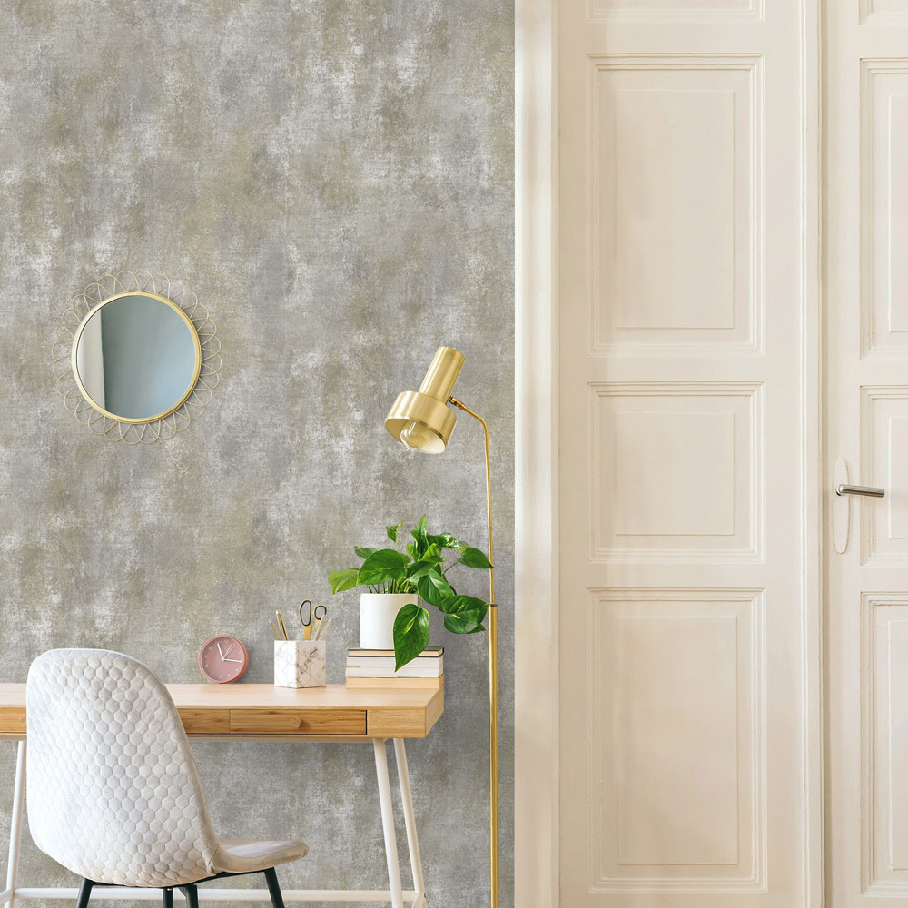 Grandeco Distressed Metallic Plaster Effect Grey Plain Wallpaper Image 2