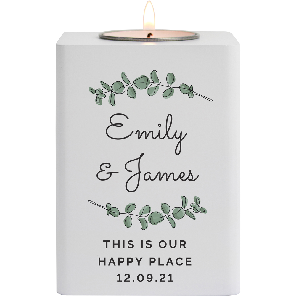 Personalised Memento Personalised Botanical White Wooden Tea Light Holder Image 1