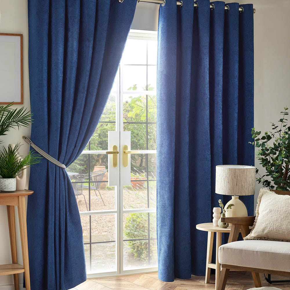 Alan Symonds Blue Chenille Blackout Ring Top Eyelet Curtains 117 x 229cm Image 1