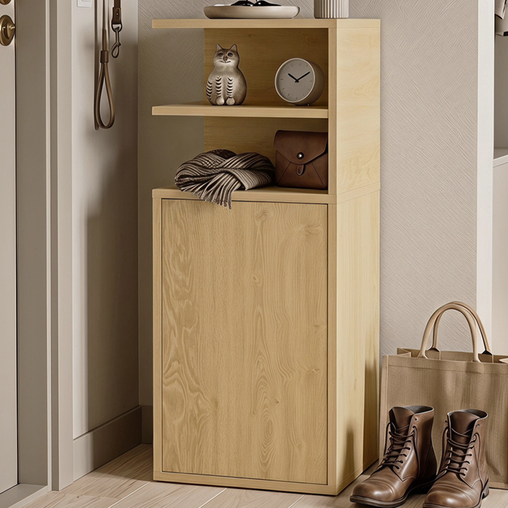 HOMCOM Single Door Oak Slim Bedside Table with Open Cubbies Set of 2 Image 1