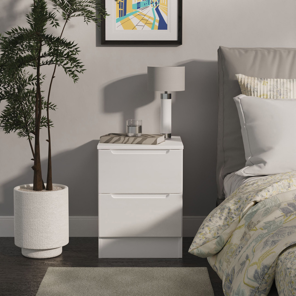 Crowndale Milan 2 Drawer White Gloss Compact Bedside Cabinet Ready Assembled Image 7