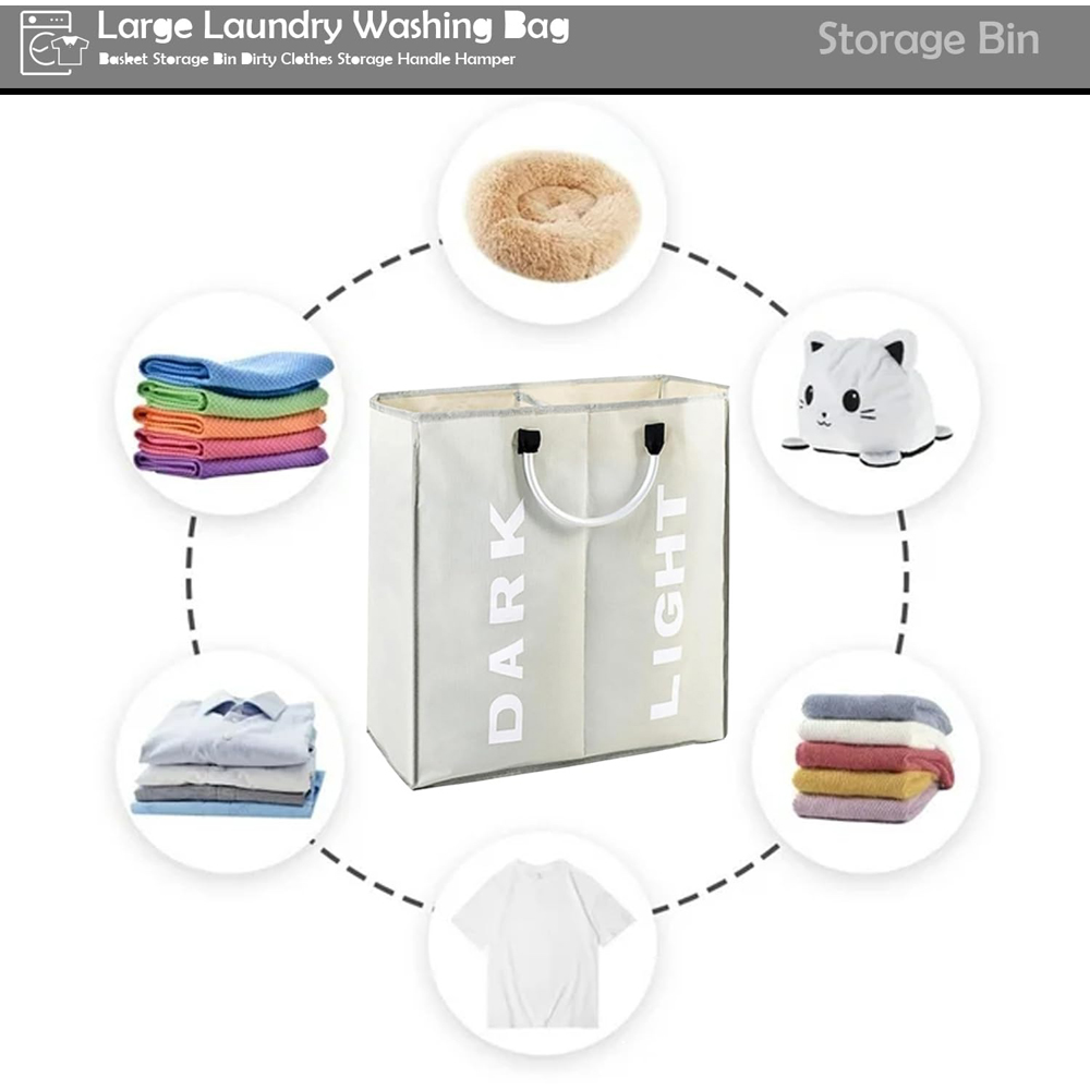 ATEK Double Compartment Light Grey Collapsible Laundry Basket Image 4