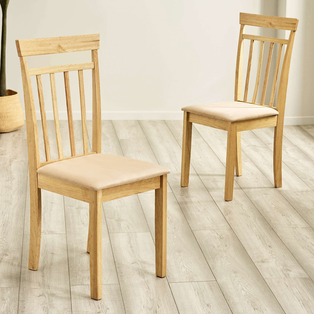 Julian Bowen Coast Set of 2 Oak Effect Ivory Faux Suede Slatted Back Dining Chair Image 1