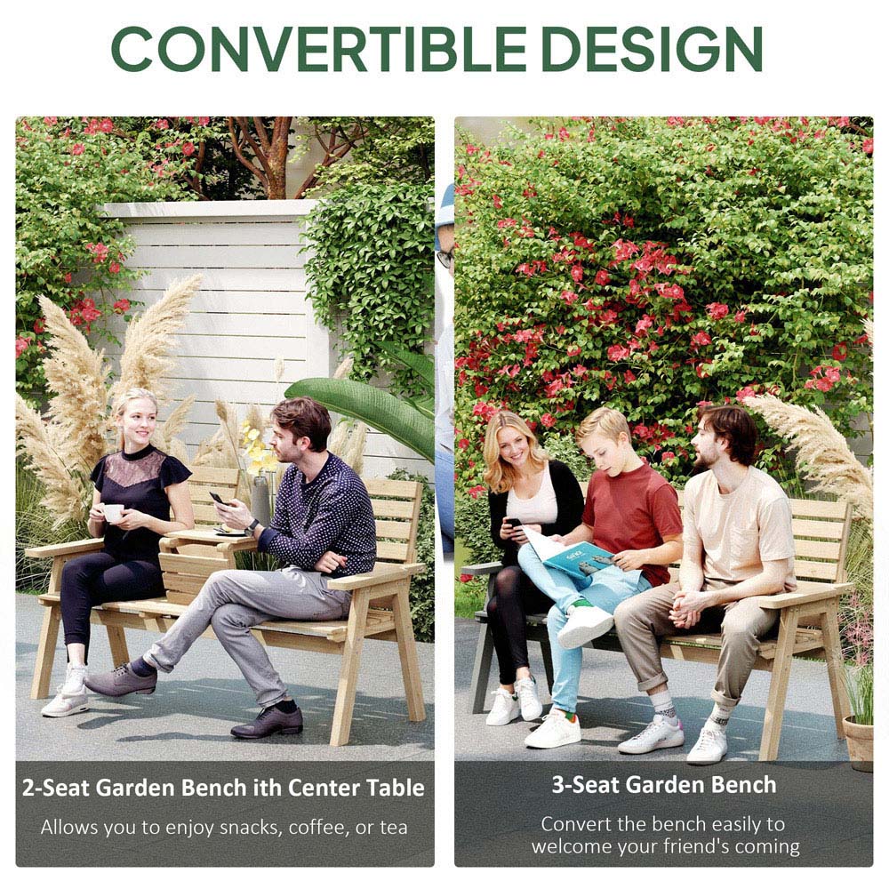 Outsunny 3 Seater Natural Wooden Convertible Garden Bench with Centre Table Image 3