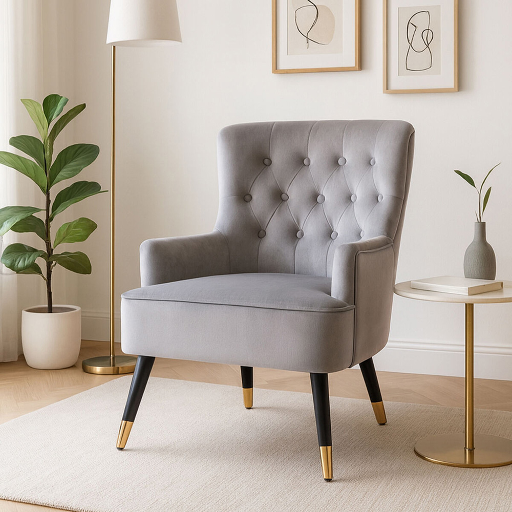 Premier Housewares Loretta Grey Velvet Tufted Accent Chair Image 6