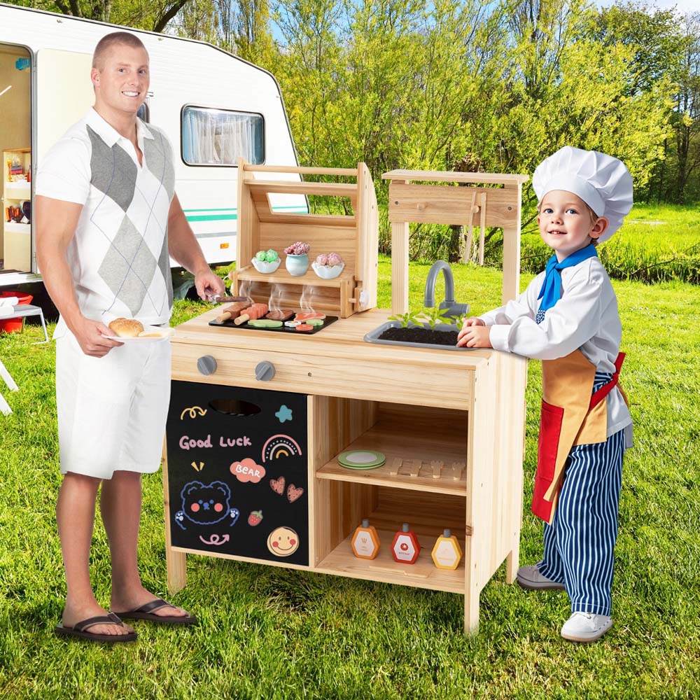 Costway Kids Natural Wooden Barbecue Grill Play Set with Chalkboard Image 2