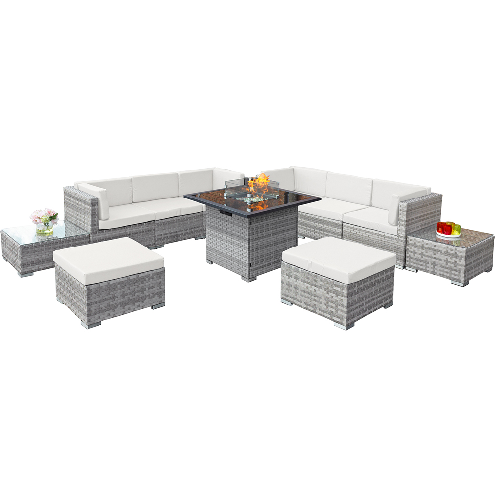 Oseasons Trinidad 8 Seater Dove Grey and White Cushion Deluxe Rattan Firepit Modular Sofa Set Image 2