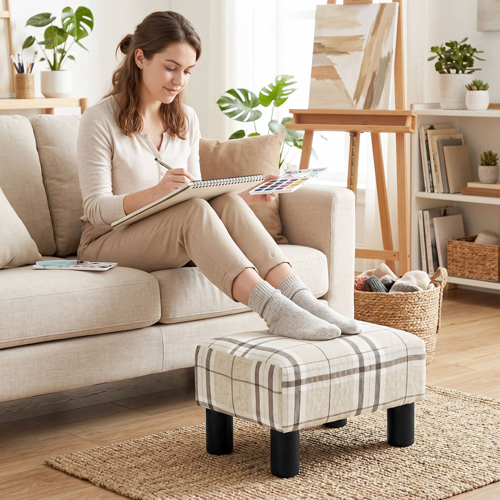 HOMCOM Multicoloured Chic Linen Fabric Footstool Ottoman Cube with Legs Image 7