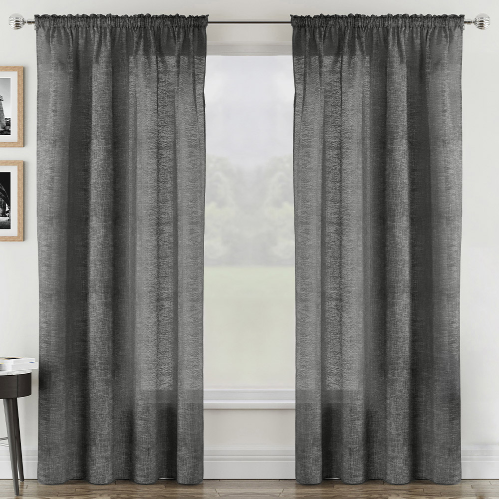 Tyrone Textiles Rhodes Charcoal Linen Look Rod Pocket Voile Panel Curtains 140 x 229cm Image 1