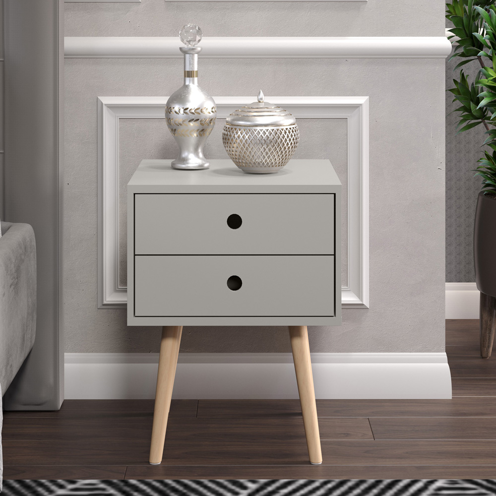 Scandia 2 Drawer Light Grey Tapered Legs Bedside Table Image 6
