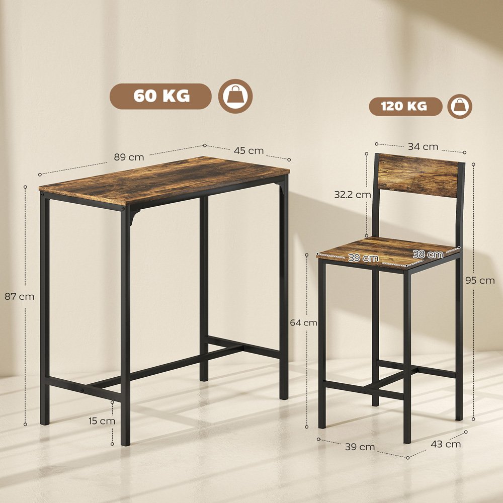 Portland 2 Seater Rustic Brown Bar Table and Stool Set Image 9
