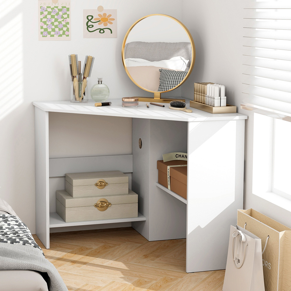 Costway Triangle Corner Computer Desk with Open Shelf and Cable Holes White Image 5
