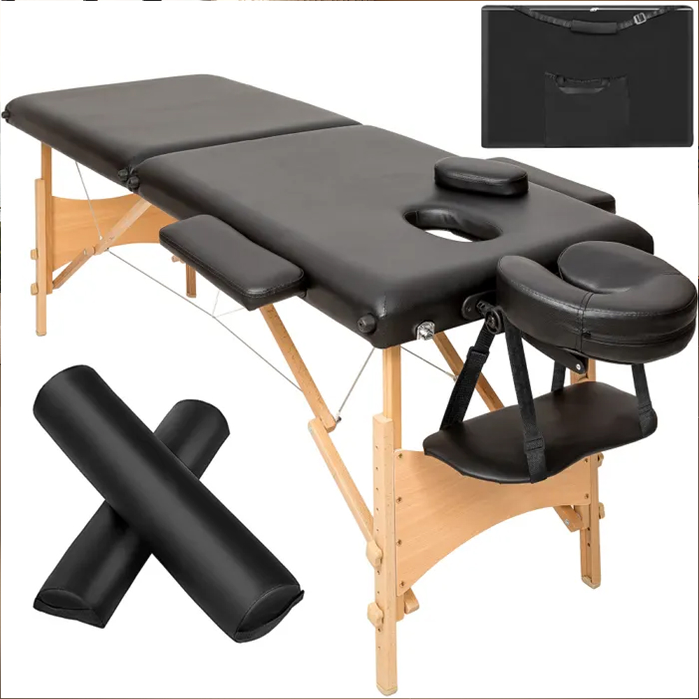 Massage Table - 2-zones with wooden frame, bolsters, carry bag, head and armrests - Black Image 1