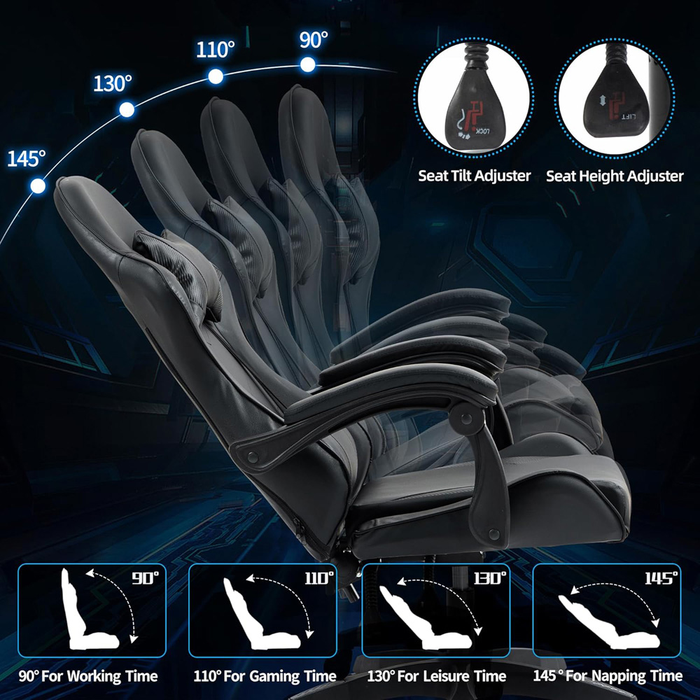 Home Treats Black Reclining Gaming Chair with Lumber Cushion Image 8