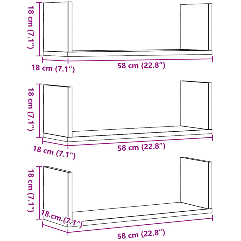 vidaXL 58 x 18 x 18cm Brown Floating Wall Shelf 3 Pack Image 9