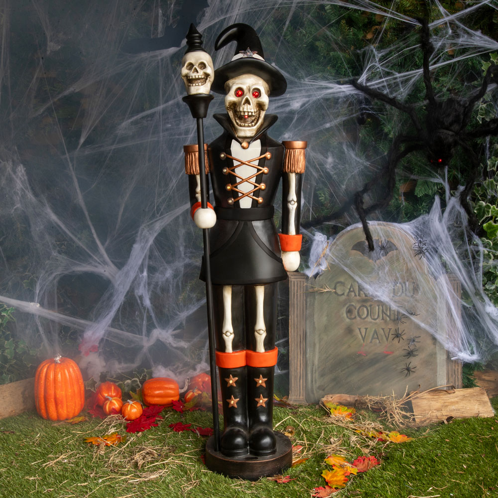 Black and Orange Nutcracker Skeleton with Skull Staff Halloween Decoration 4ft Image 2