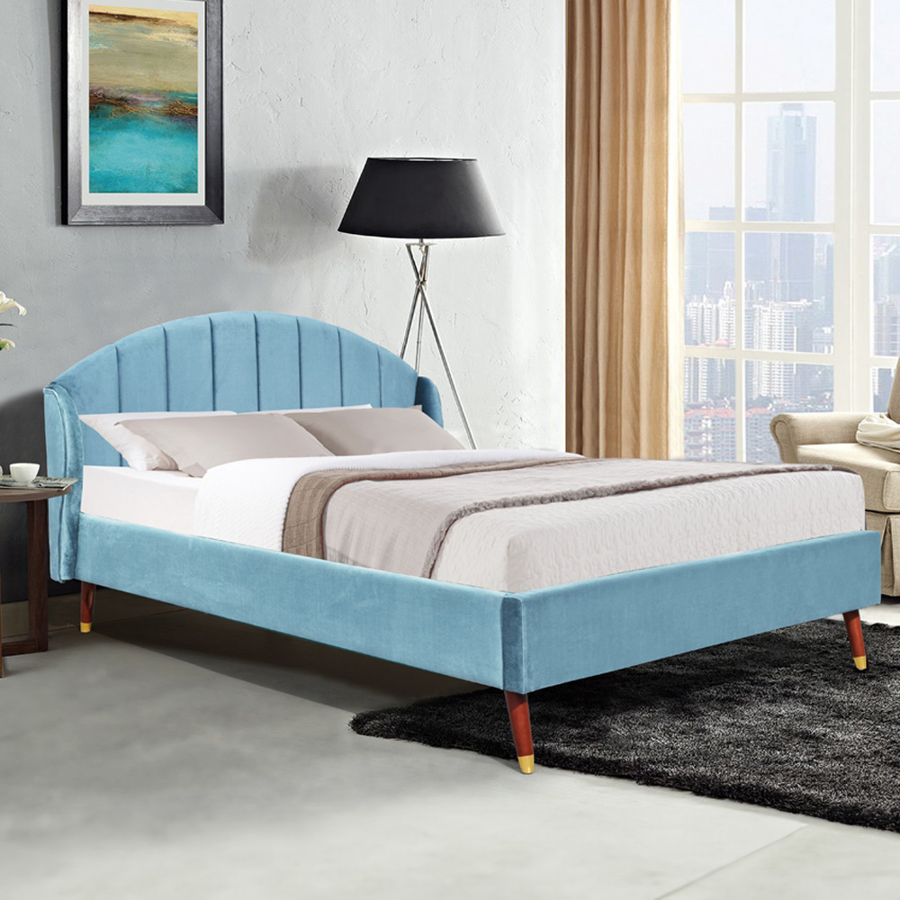Brooklyn Winged Double Teal Plush Velvet Bed Frame with Curved Headboard Image 1