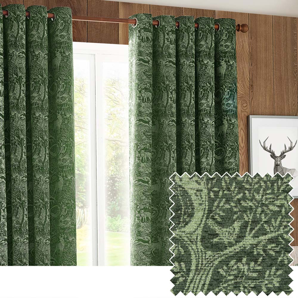 furn. Winter Woods Emerald Animal Chenille Eyelet Curtains 117 x 137cm Image 2