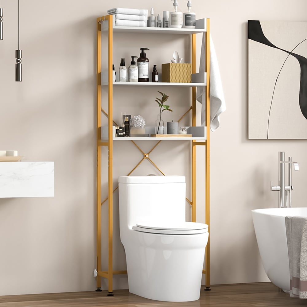 Costway 3 Shelf White and Gold Over The Toilet Storage Shelf with Hooks Image 1