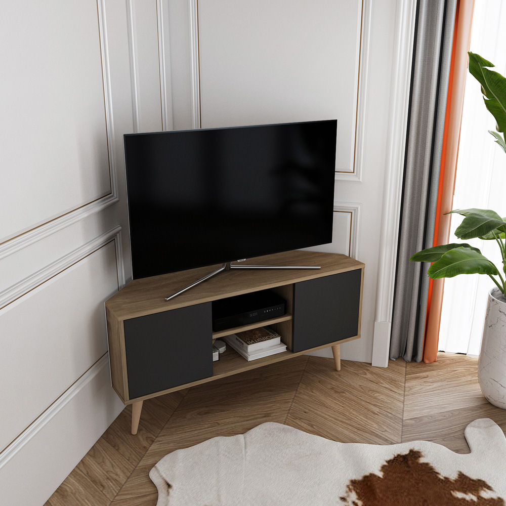 Decorotika Lesson 2 Door 2 Shelf Walnut and Black Corner TV Stand Image 6