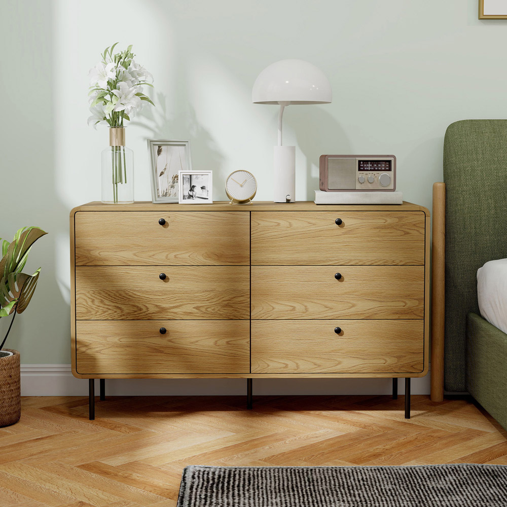 Portland 6 Drawer Oak Wide Chest of Drawers Image 4