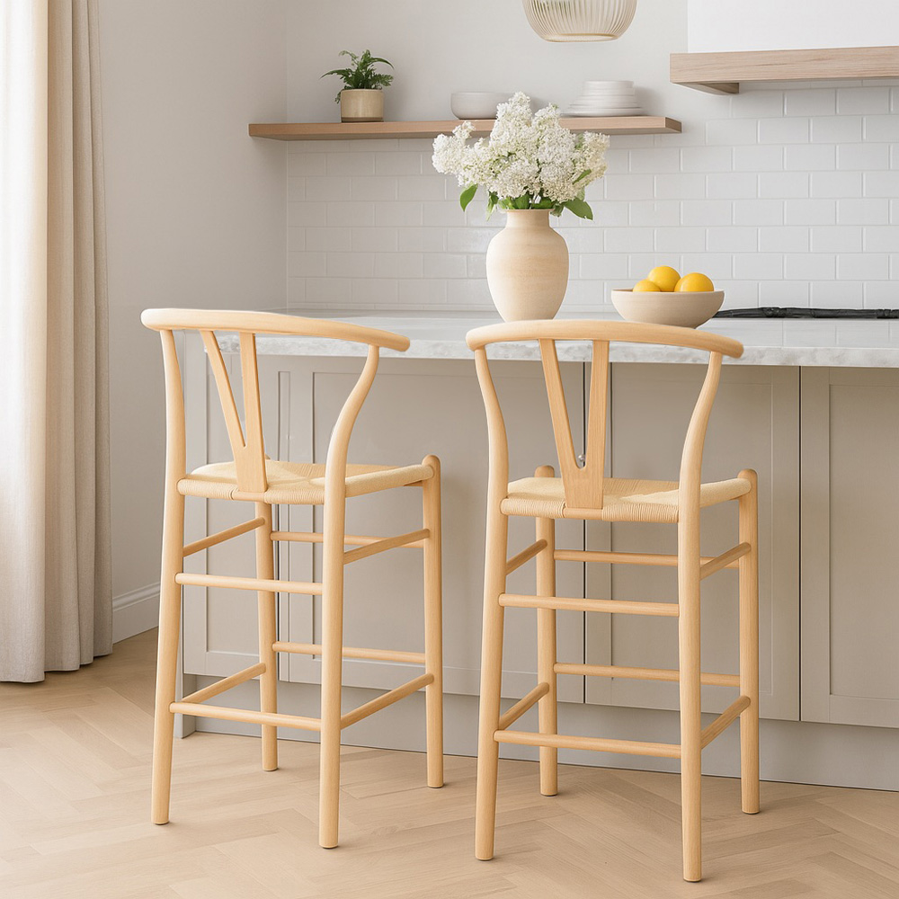 Nicholas Winter Natural Woven Rope Wooden Wishbone Bar Stool Image 3