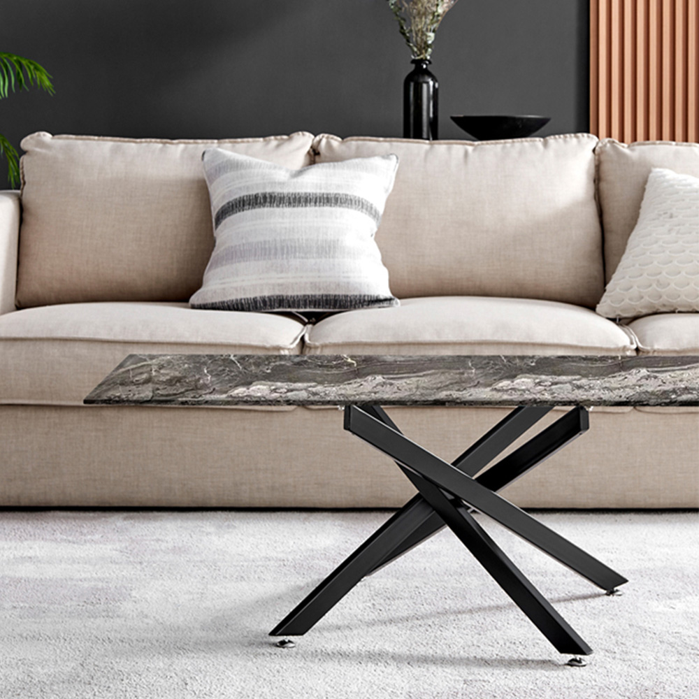 Furniturebox Tavalo Marble Effect Glass Coffee Table with Black Legs Image 4