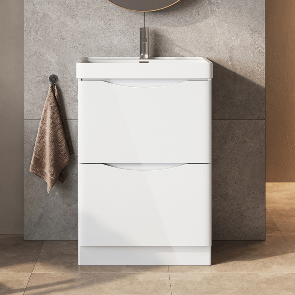 Go Bathrooms 2 Drawer White Gloss Floor Standing Vanity Unit with Ceramic Basin 600mm Image 1