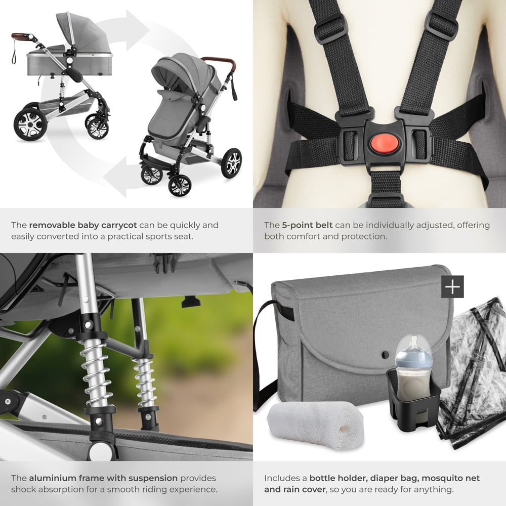 tectake Grey Foldable Pram Stroller with 5 Point Harness Safety Bar and Wrist Strap Image 8