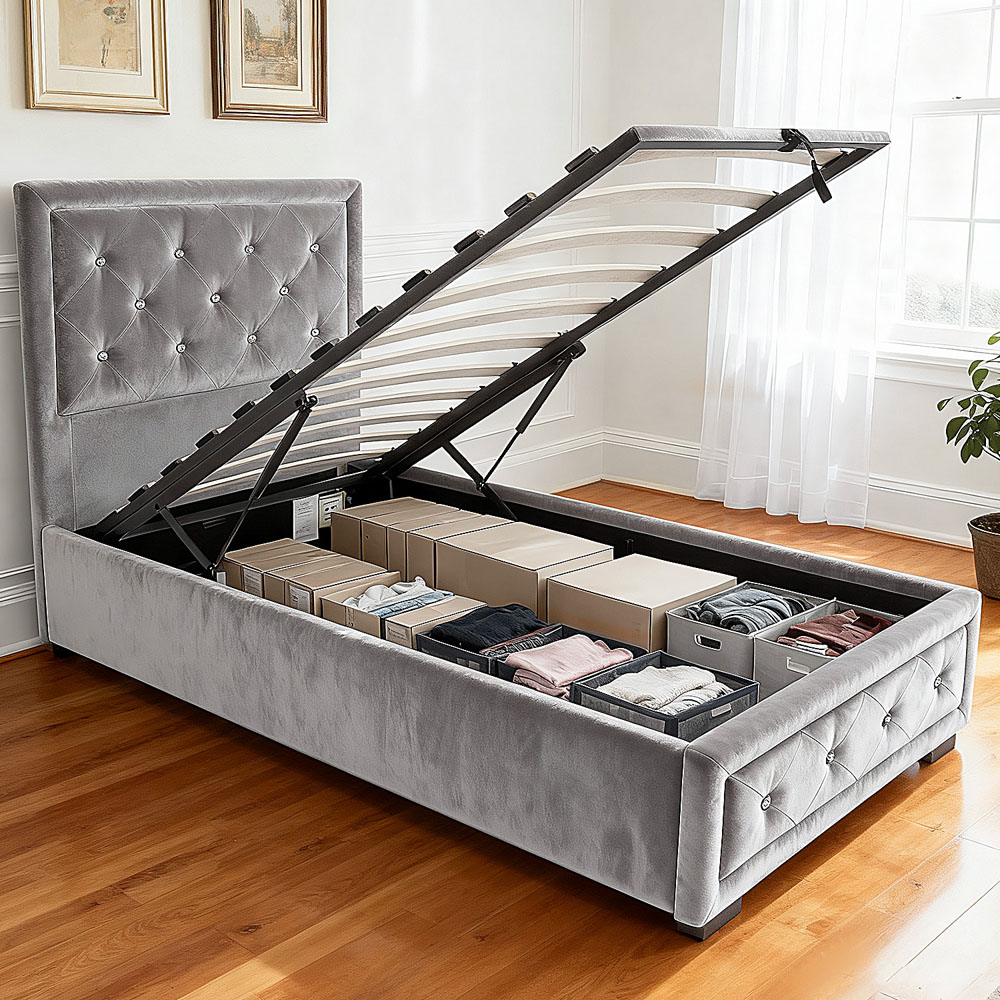 Brooklyn Single Silver Fabric Diamante Ottoman Storage Bed Image 3