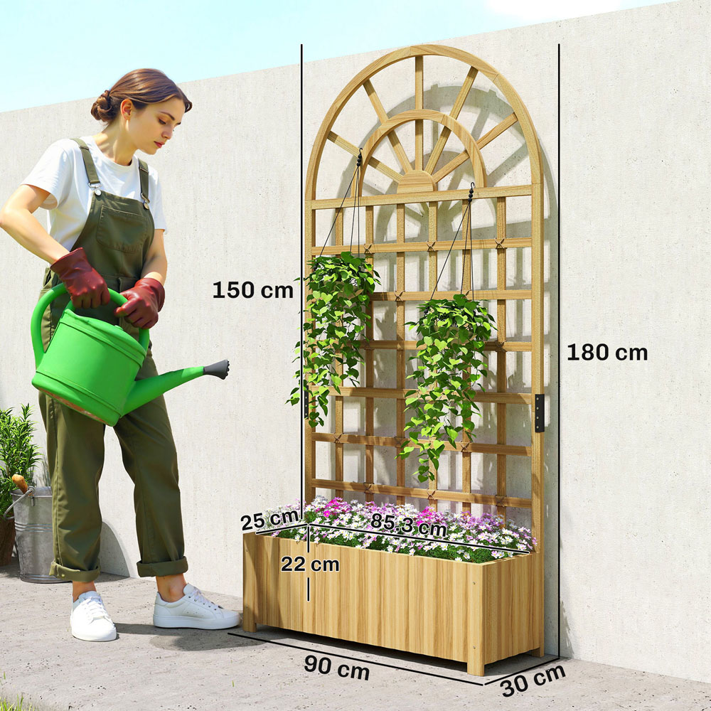 Outsunny Natural Wooden Raised Garden Bed with Lattice Trellis 180 x 30 x 90cm Image 9