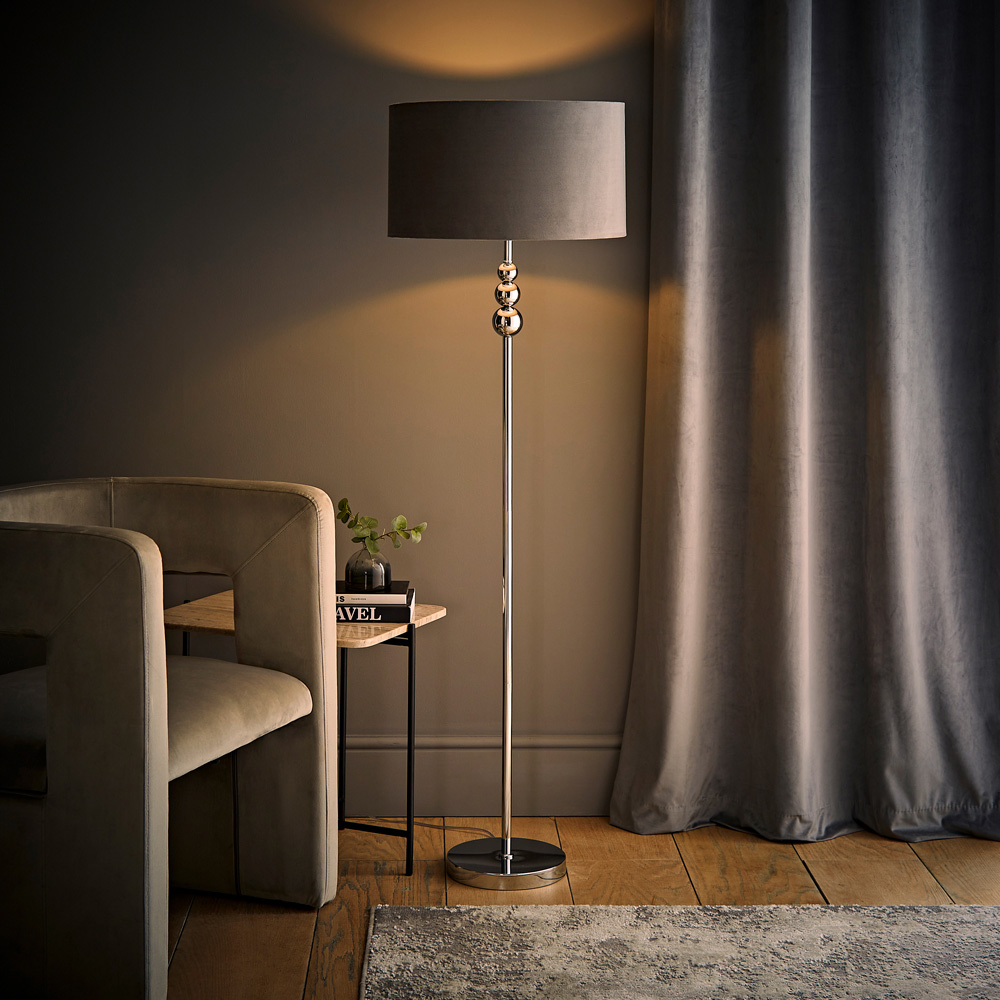 ValueLights Marissa Reni Grey Velvet Shade and Chrome Ball LED Floor Lamp Image 6
