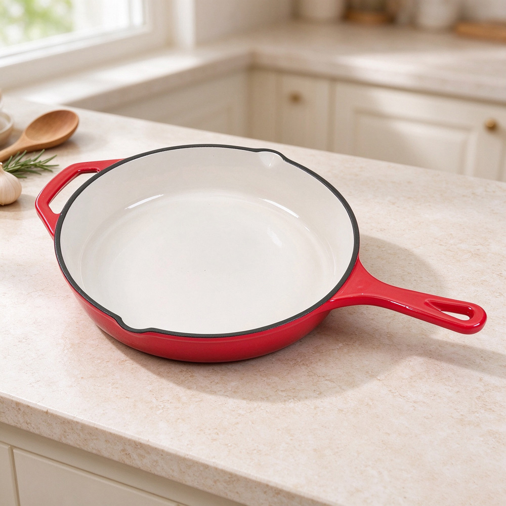 Living and Home 26cm Red Enamelled Cast Iron Round Skillet Image 2