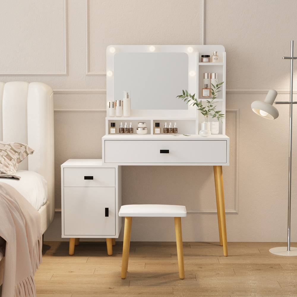 Home Source Forta Single Door 2 Drawer White Vanity Table and Stool Set with Light-Up Mirror Image 3