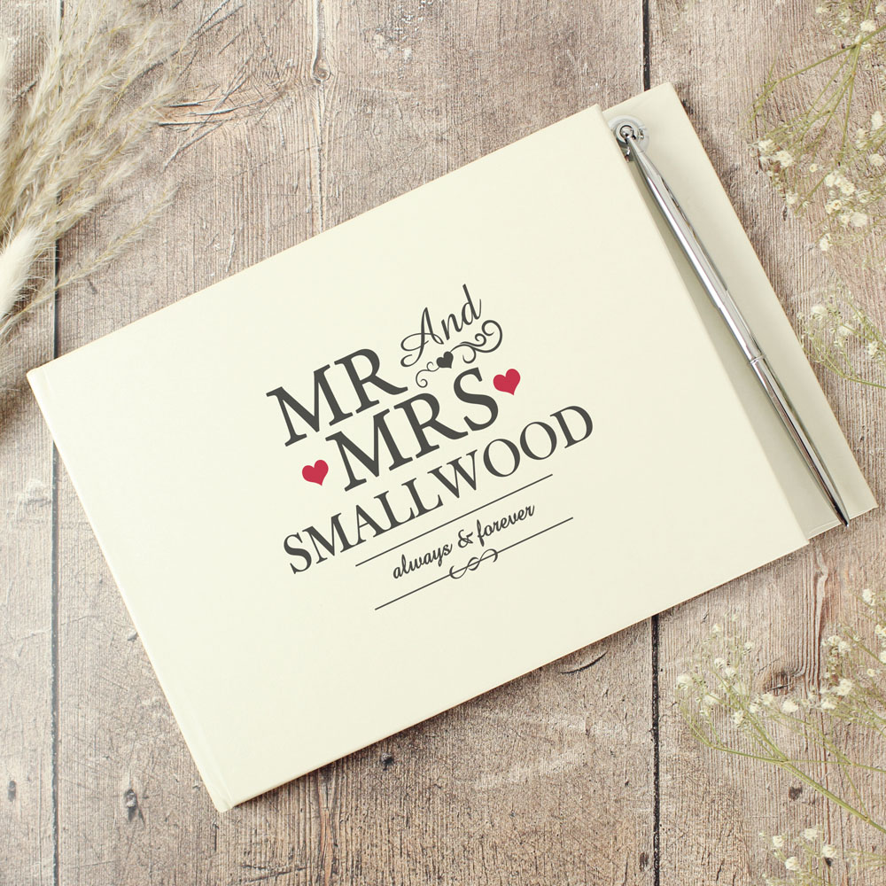 Personalised Memento Personalised Mr and Mrs Hardback Guest Book and Pen Image 2