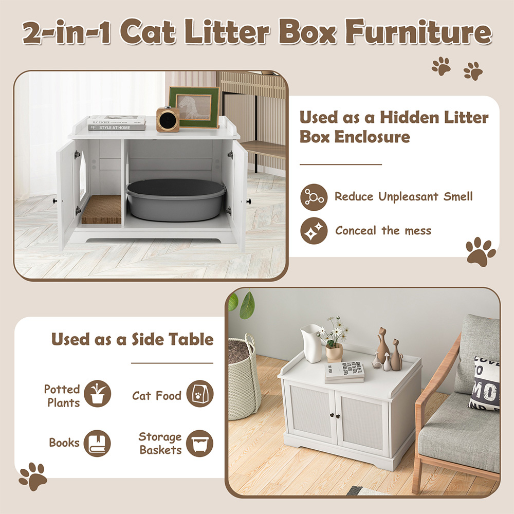 Costway White Cat Litter Box Enclosure with Scratching Pad Image 5