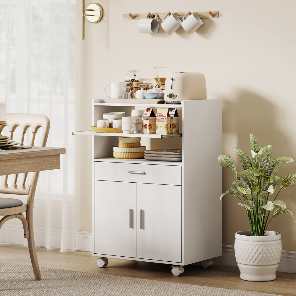 HOMCOM 2 Door Single Drawer 3 Shelf White Modern Mobile Microwave Cabinet Image 2