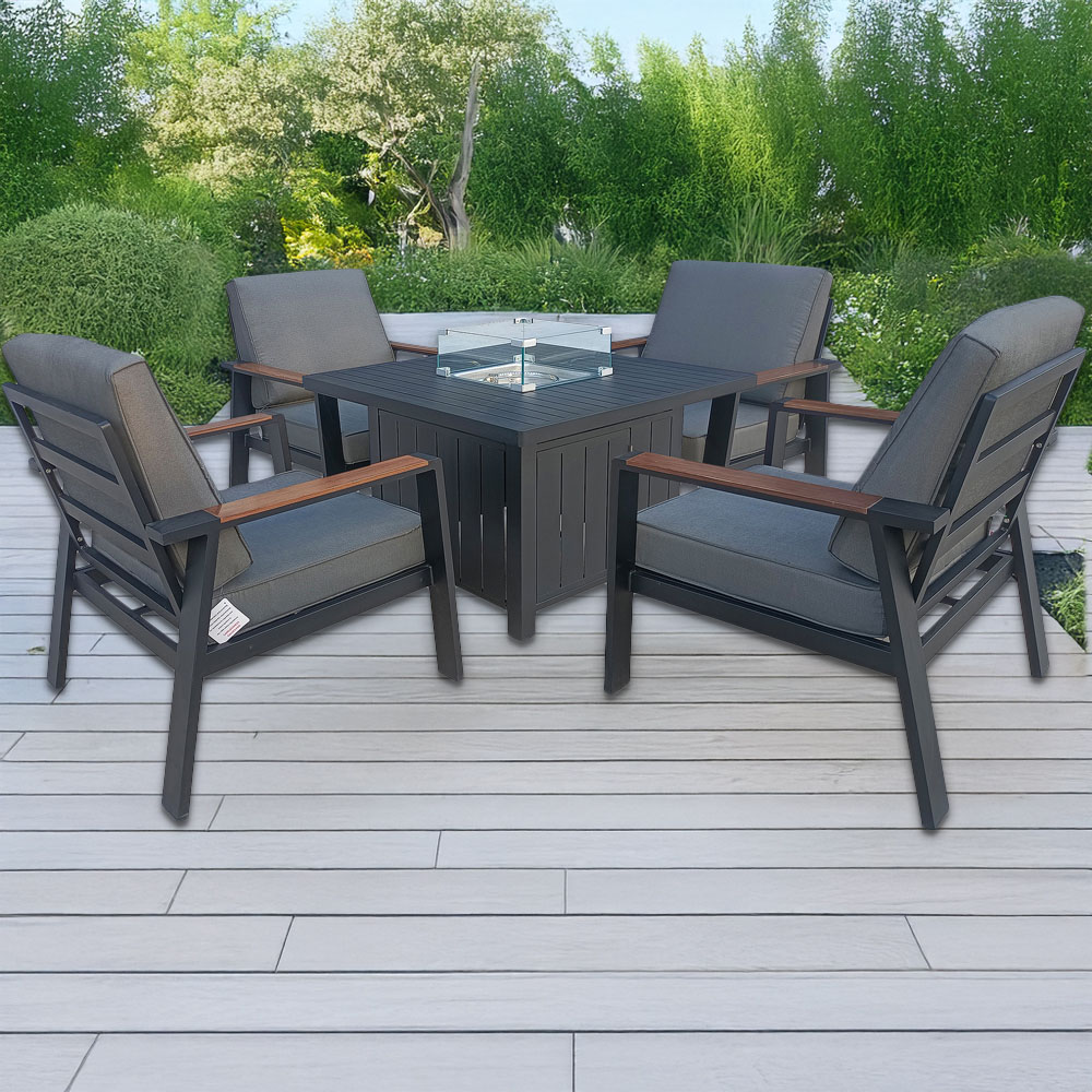 Furniture One 4 Seater Aluminium Garden Armchair Dining Set with Fire Pit Image 1