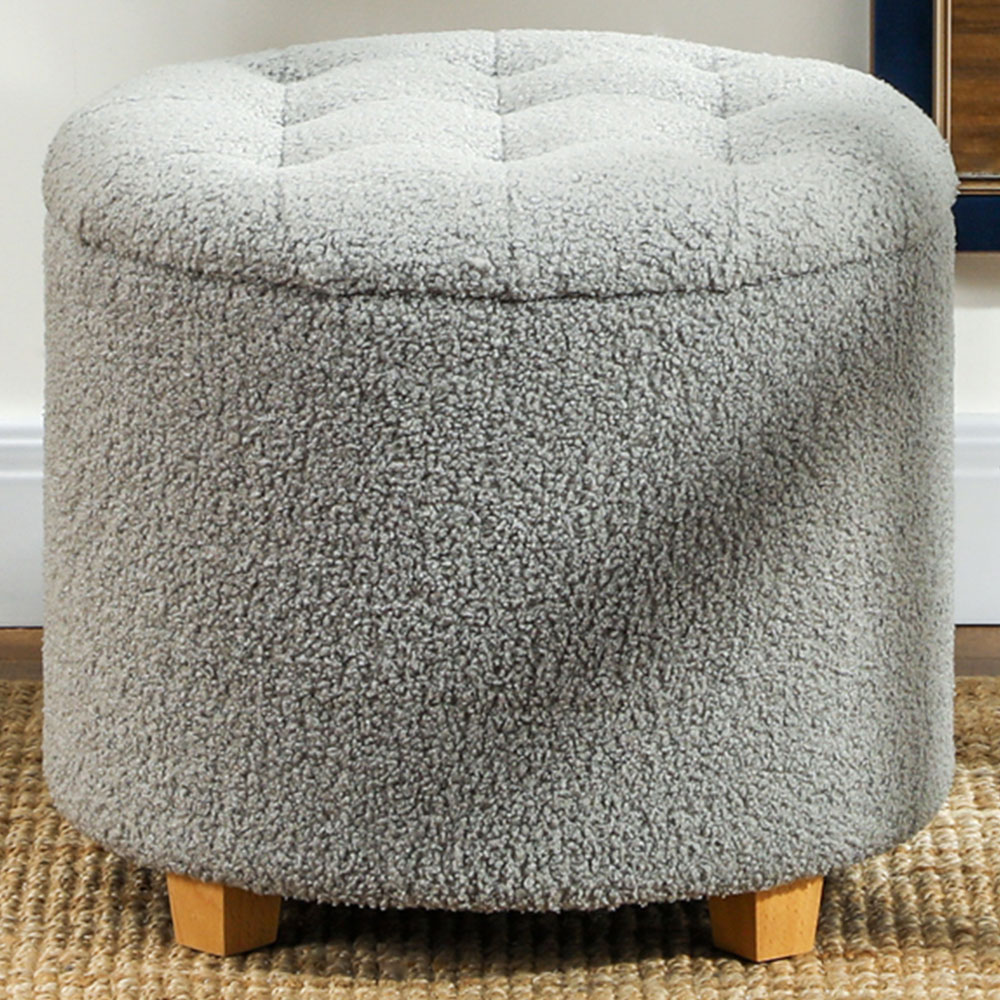 HOMCOM Grey Teddy Fleece Round Ottoman Footstool Image 1