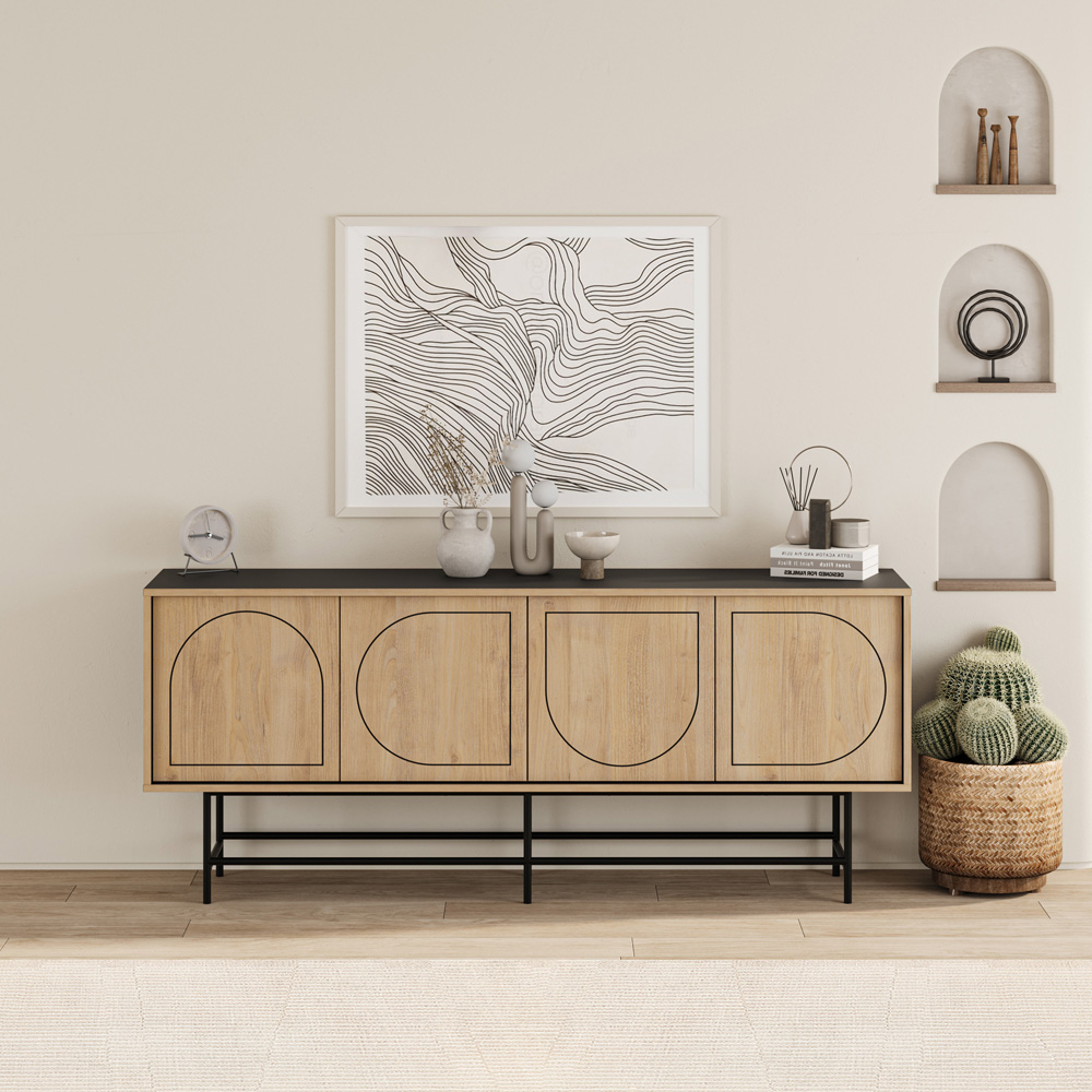 Decortie Joji 4 Door Silky Black and Oak Laser-Cut Design Modern Console Unit Image 4