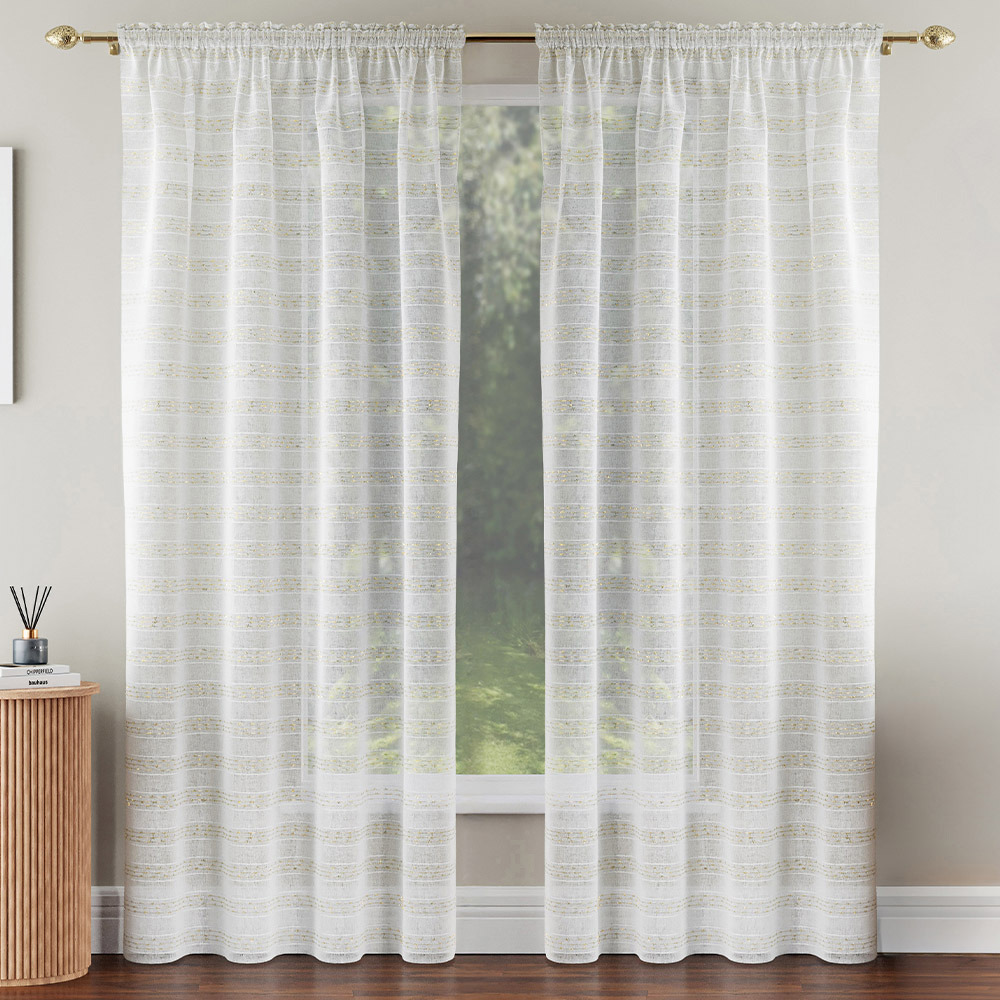 Tyrone Textiles Lima Gold Metallic Lurex Stripe Rod Pocket Voile Panel Curtains 140 x 137cm Image 4