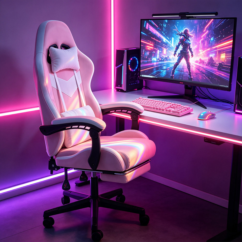 Living and Home White and Pink Fabric Gaming Chair with Footrest Image 7