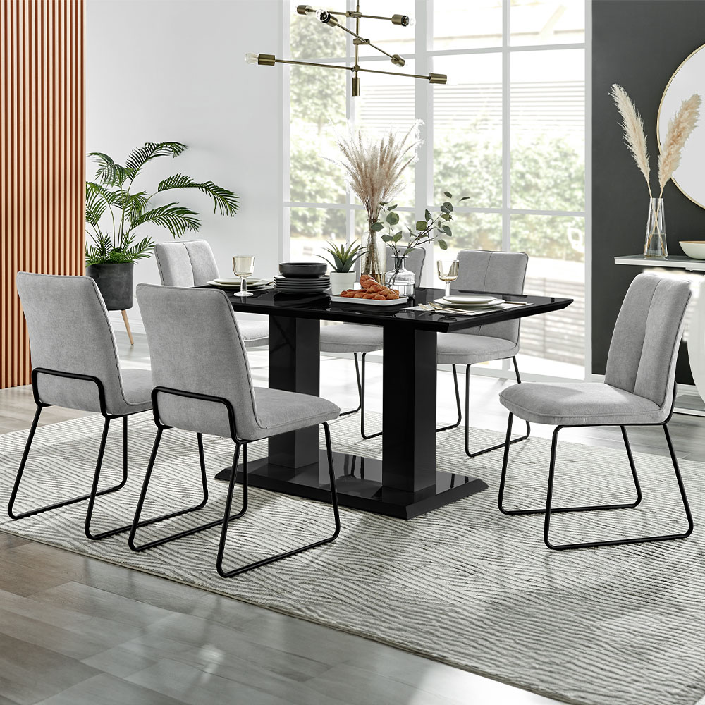 Furniturebox Molini Harley 6 Seater Dining Set Black Gloss and Light Grey Image 1