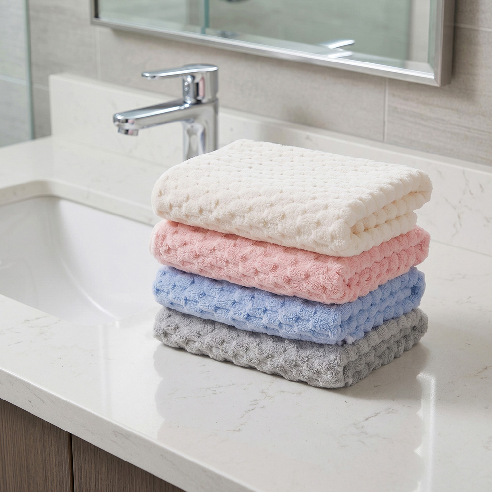 Living and Home Soft Coral Fleece Multicolour Waffle Texture Bath Towel Set of 4 Image 2