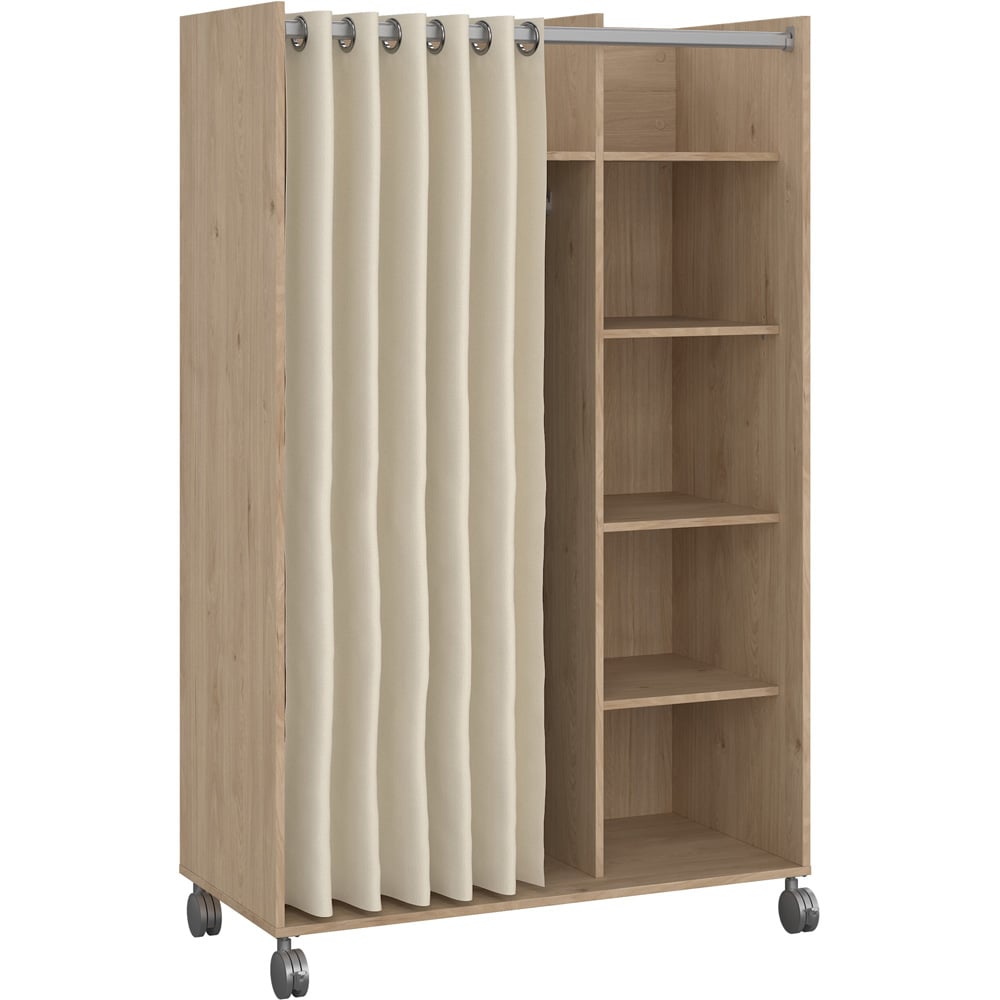 Florence Uppsala 6 Shelf Jackson Hickory Oak Open Mobile Wardrobe with Beige Textile Curtain Image 2